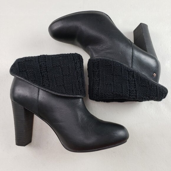 Ugg Dandylion Leather Ankle Boot Womens 10 Black Heeled Knit Cuff Pull On Bootie - Picture 7 of 16